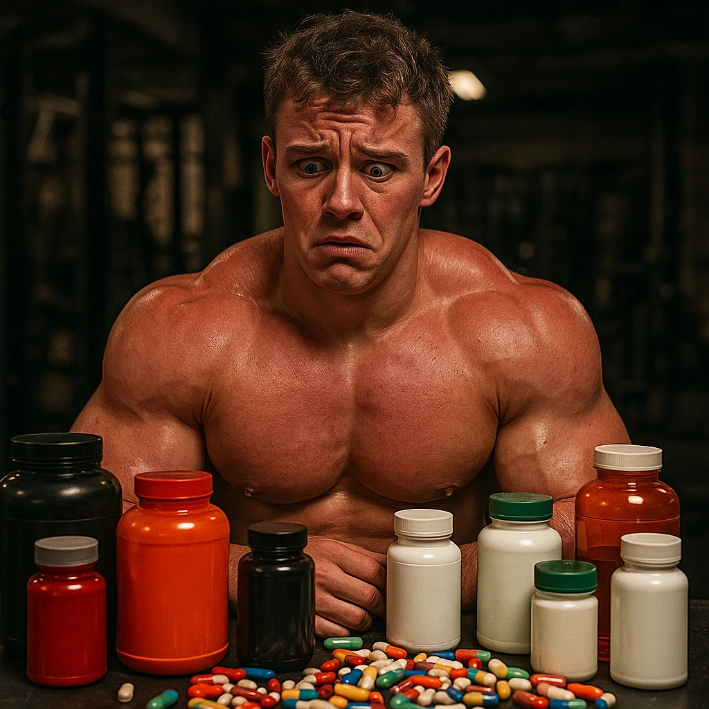 realistic young inexperienced bodybuilder surrounded by many colorful bottles and pills, confused and worried expression, swollen muscles but red skin, risky atmosphere, messy gym background, 4K quality emoji