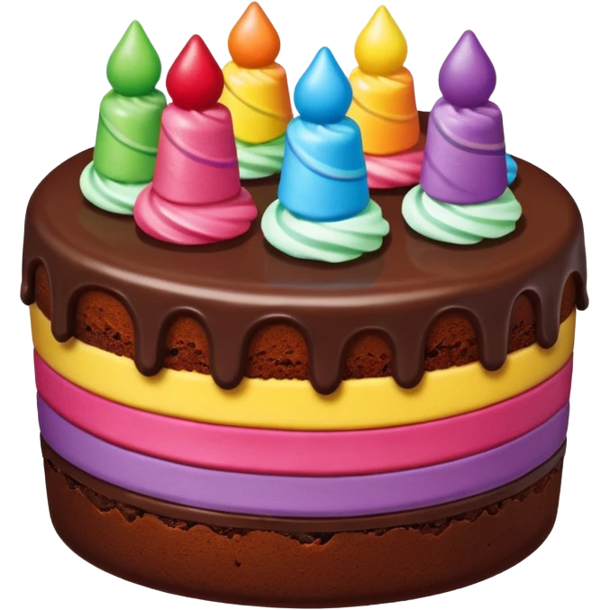 decadent double fudge cake with strawberry filling, decorated with rainbow icing and a festive look emoji