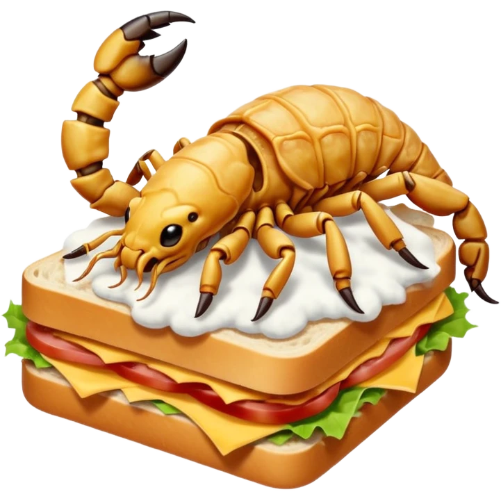 MAKE A SCORPION ON TOP OF A EHITE FLUFFY CLOUD THAT IS HOLDING A SANDWICH IN ITS CLAW AND LOOKING LIKE ITS EATING IT AND NOT ON TOP OF THE SANDWICH emoji