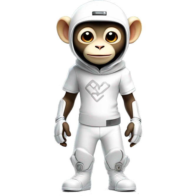 a 3d rendering of a full body shot of a cute white capucin monkey wearing a t shirt with a letter 'W' on it and a futuristic platinum helmet also with a letter 'W' on it, smiling and being cute to the camera, his style is futuristic y2k, he's standing up emoji