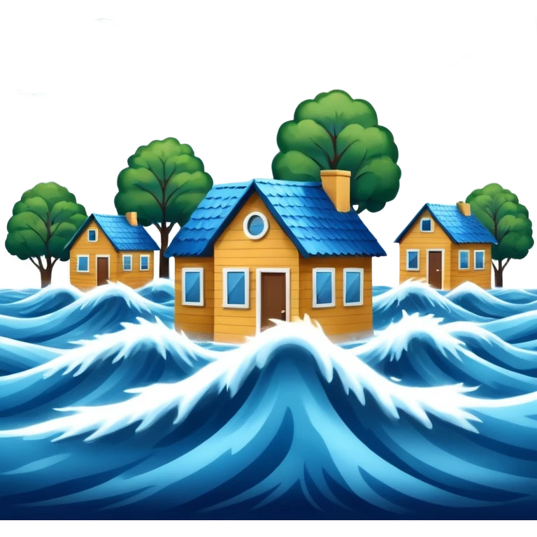 showing a flood disaster scene with powerful blue water waves overflowing around small houses and trees, dark cloudy sky, heavy rain falling, dramatic yet simple design emoji