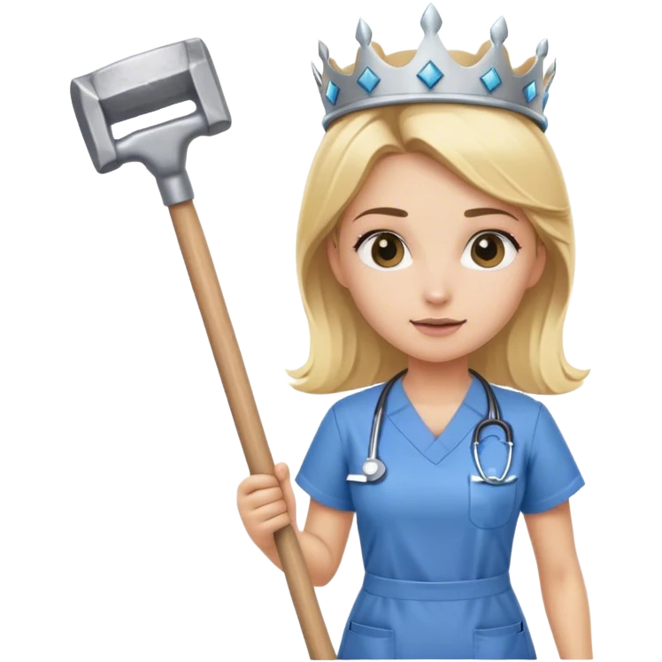 blond nurse girl wearing scrubs with a crown and a sledge hammer emoji