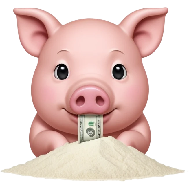 A pig with a dollar bill held to his nose looking down at a small pile of flour  emoji