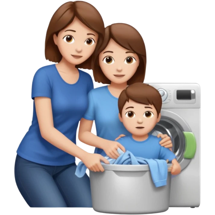 Mother and little son with brown hair putting clothes in the washing machine emoji