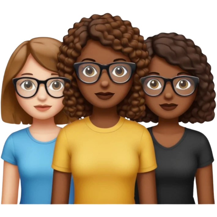 three girls, two with straight light brown hair shoulder length, white skin, one with short curly dark hair, dark skin, wearing transparent glasses, emoji style emoji