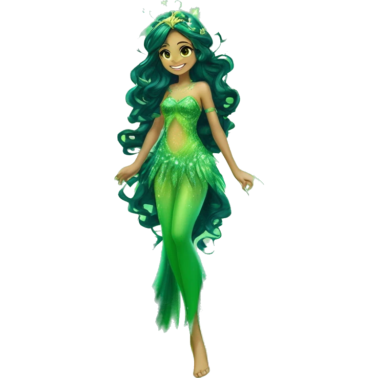 Aisha adult fairy of ocean / sea her enchantix fairy green / dark green sparkling two-piece clothing and fairy enchantix wings and long dark brown curlyhair in from winx club. Lots of sparkles and fairydust. Full body pic and full fairy bliss emoji