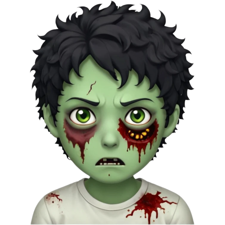 zombie character with green skin, messy short curly black hair, and no glasses. Give him large expressive eyes, a slightly frightened or eerie expression, subtle wounds, dark under-eye shadows, and a few cracks or dried blood marks on the face.  white shirt and no bleeding eyes **BLACK HAIR** emoji