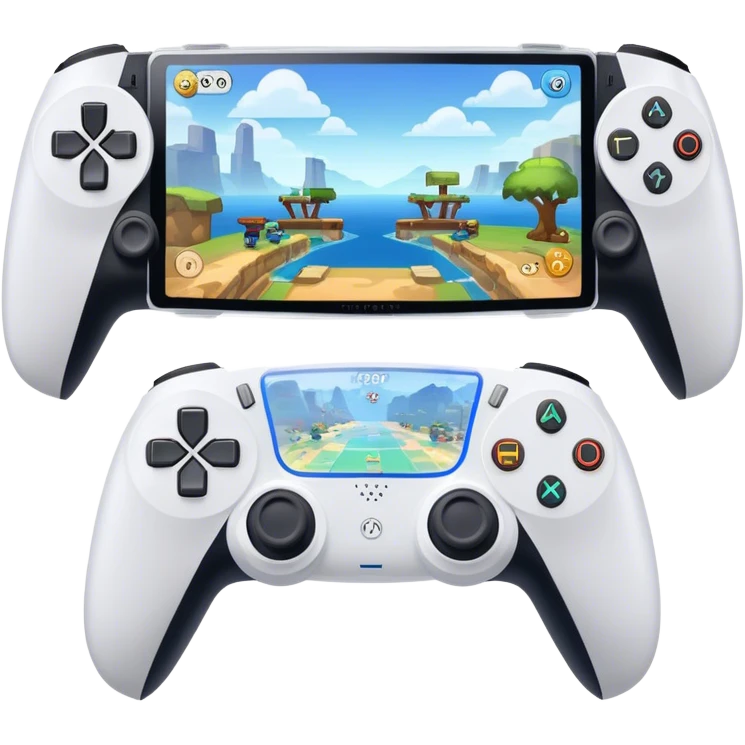 An icon showing a split-screen game display with two sections, each featuring different gameplay action. Two PS5 controllers rest below, symbolizing local multiplayer fun. The design captures the excitement of competitive and cooperative gaming. A transparent background emoji