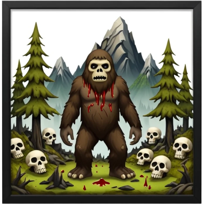 Creepy Alaskan sasquach woods make the trees smaller and covered in moss with skulls coming out of the ground and blood dripping mountains in the back ground  emoji