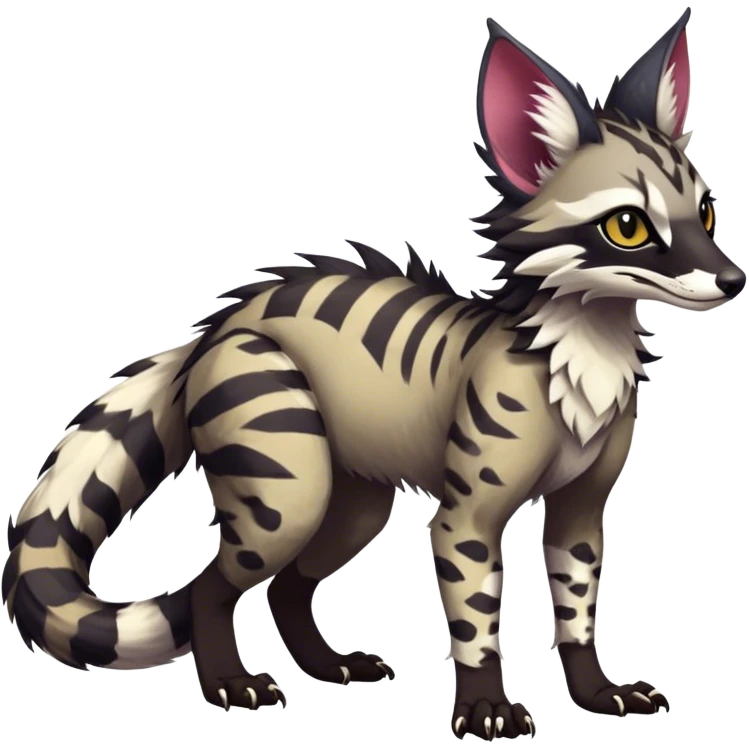 Feral Rare Fantasy dark vibrant Vernid-Sergal-Genet-Trico-species by LiLaiRa, random markings, tufted tail, tufted ears, full body emoji
