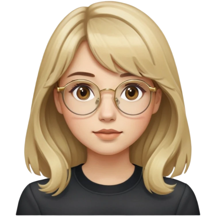 young adult woman with light skin, soft cheeks and round face, voluminous blonde-brown hair with slight waves and long bangs, large octagonal glasses with thin gold frame, dark casual shirt, calm and creative expression emoji