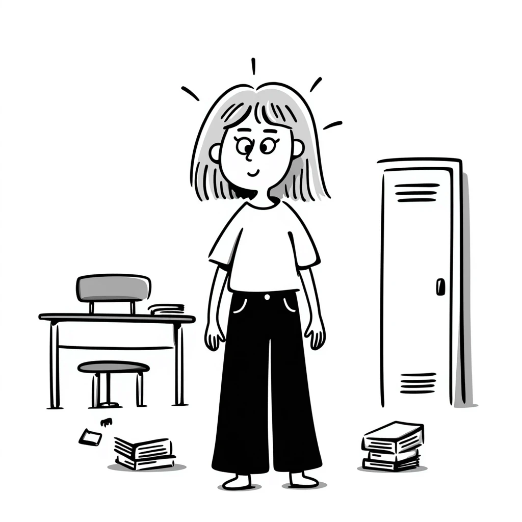 hand drawn doodle style blonde straight-haired girl, frazzled, surrounded by school chaos, survival mode emoji