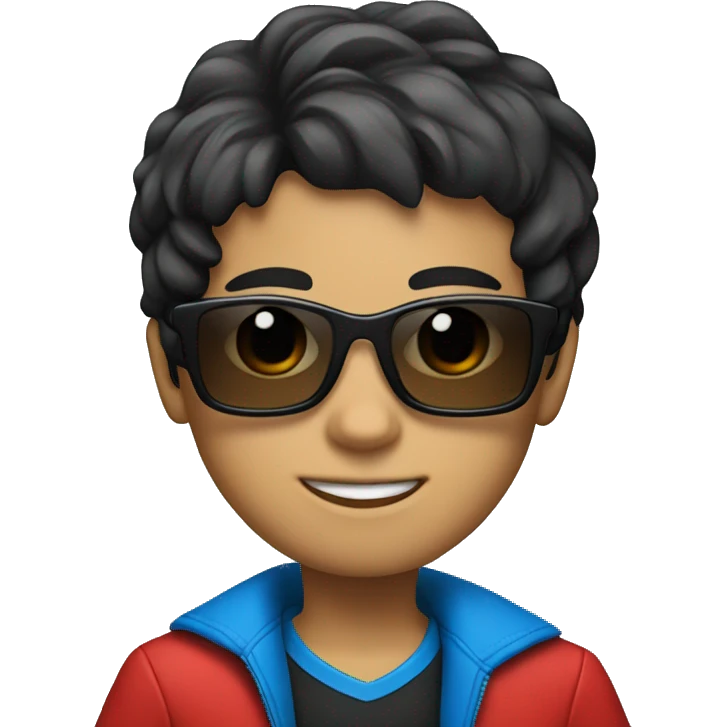 Kid wearing a red suit with black hair and wearing blue tinted sunglasses emoji