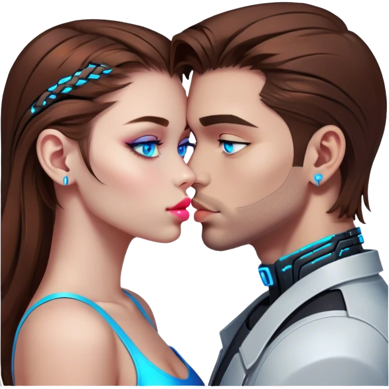 Neon cyberpunk style 
girl with brown hair and blue eyes kiss man emoji