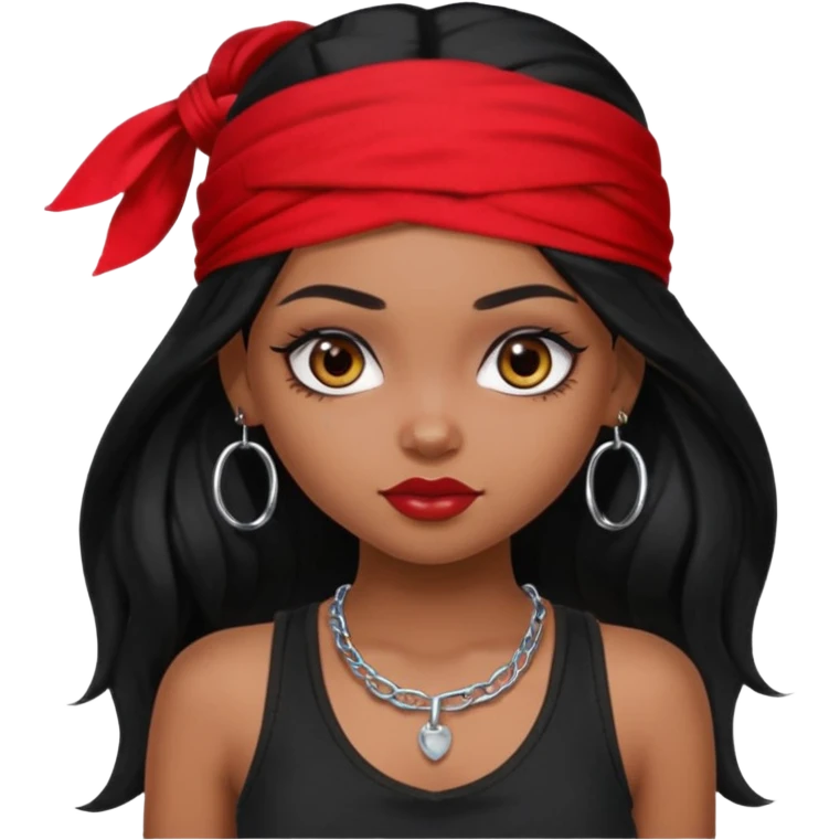 a pretty bratz dusky girl with long black hair, kajal under eyes, small silver hoop. black tank top on. Red bandana on emoji