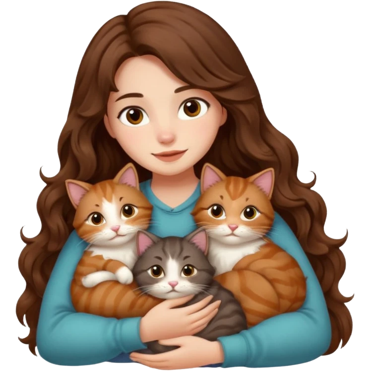 girl with long wavy brown hair snuggling 6 cats emoji