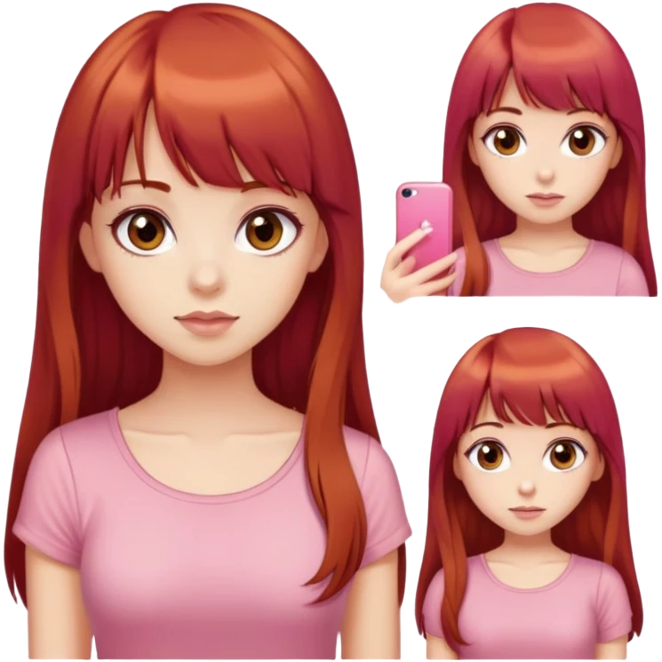 pretty girl big brown eyes long red hair with bangs beautiful tan pink top emoji