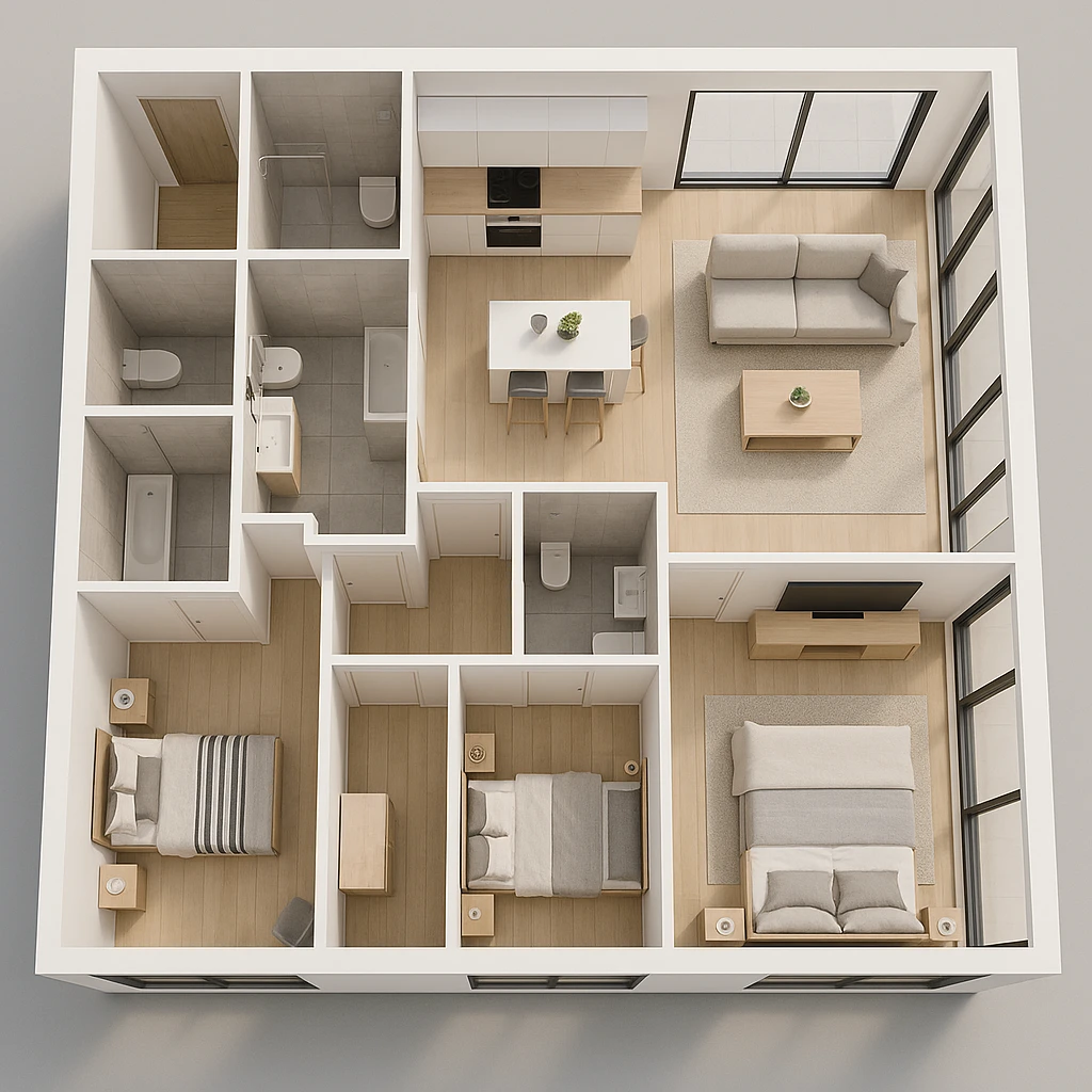3D floor plan in contemporary style, three bedrooms, two bathrooms, open space kitchen, large living area, storage room, large glass windows, modern materials, top view, elegant and functional design emoji