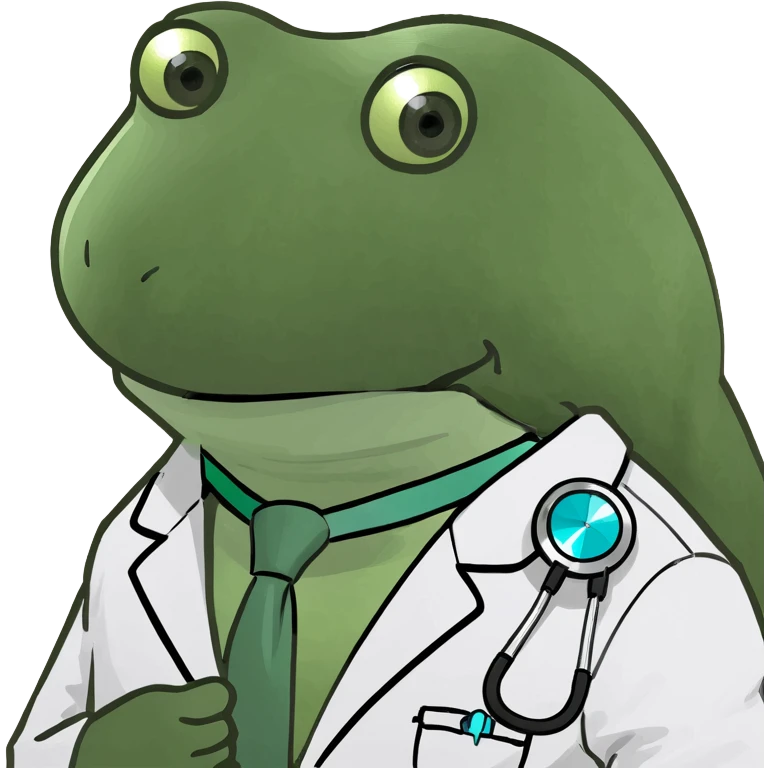 bufo frog, medical coat, sad eyes, looking at viewer emoji