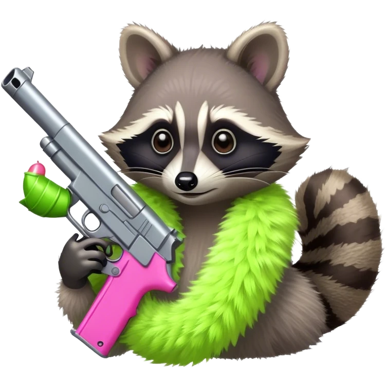 Raccoon wearing a lime green boa holding a pink gun emoji