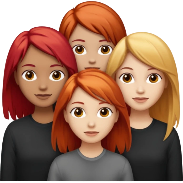 Can you create an image of 3 friends together one with red bright hair light skin one the other with brown hair with some blonde highlights in the hair fair skin the last one with light brown a tint of orange hair and black long hair with brown  emoji