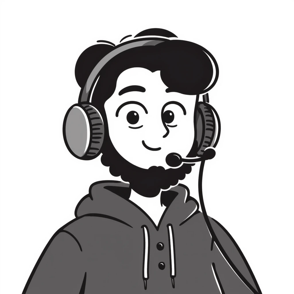 Highly detailed anime-style male character saying "Bonjour!", with styled black hair, expressive brown eyes, defined black beard, wearing detailed gaming headphones, anime art style with line work emoji