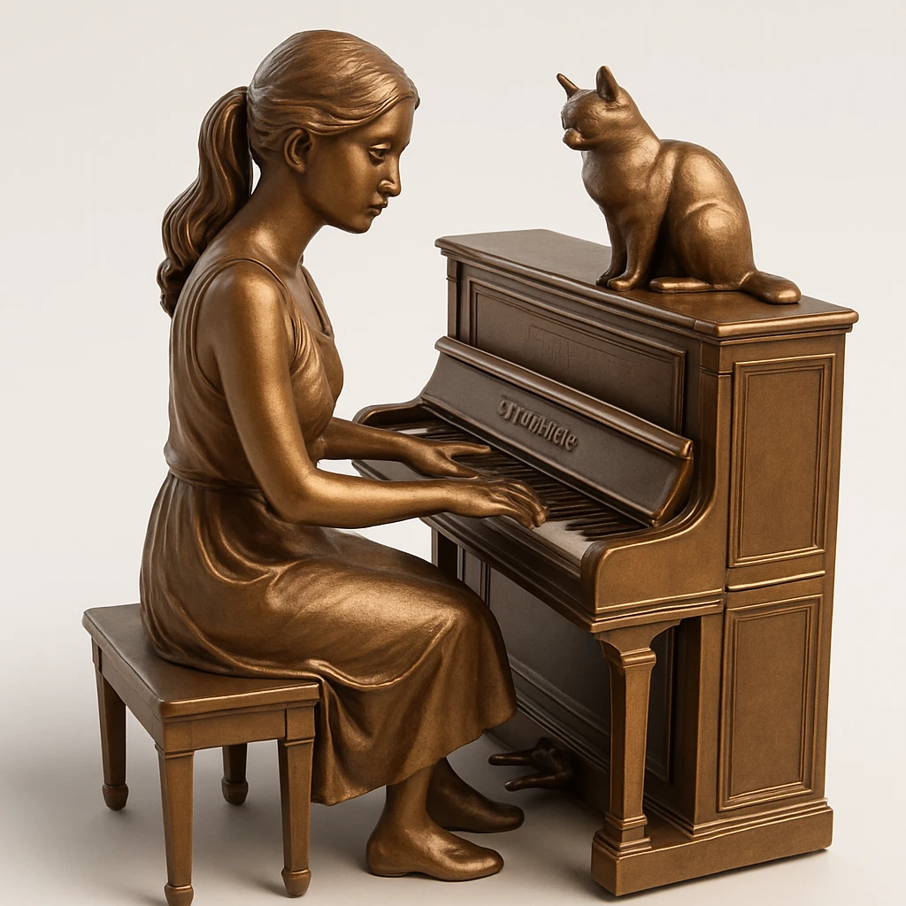 woman playing piano while her cat sits on top of the piano emoji