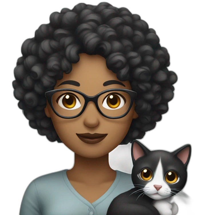 Curly woman with black hair and glasses, big nose, holding a gray cat emoji