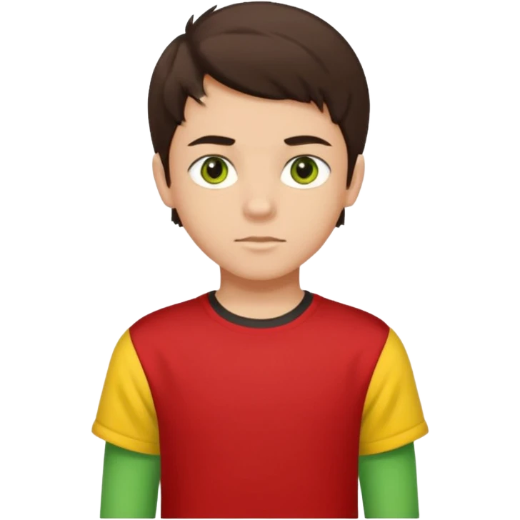 A portrait of a 14-year-old boy, he's got dark-brown hair, luight brownish skin and green hazel eyes. he's wearing a red t-sirt with yellow sleeves. emoji