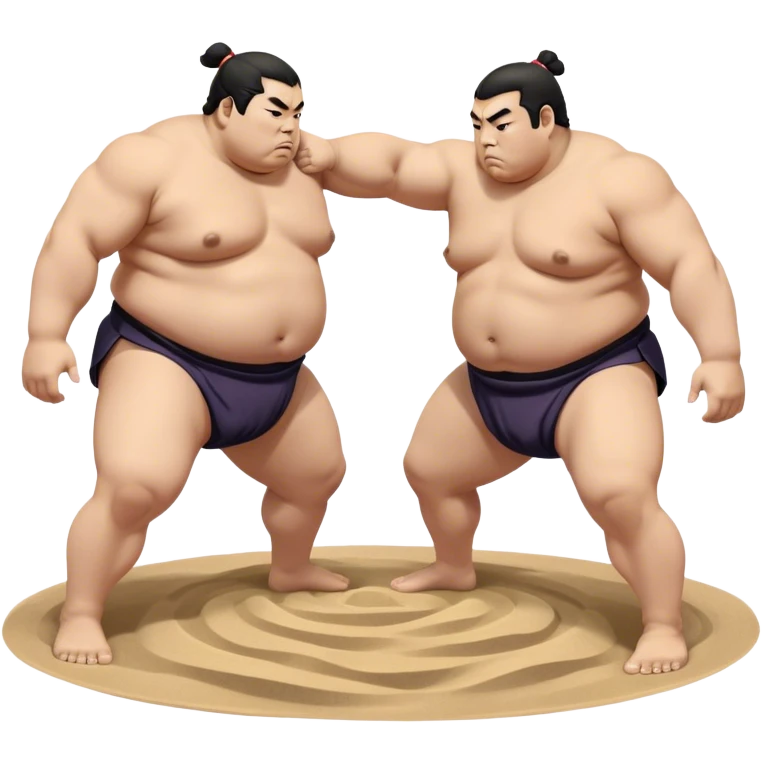 Sumo Wrestling – Cinematic Realistic Sumo Wrestling Scene, featuring a powerful sumo wrestler in traditional mawashi engaged in an intense bout on a sandy dohyo, muscles tensed and sweat glistening under dramatic arena lighting, capturing the raw energy and tradition of the sport. emoji