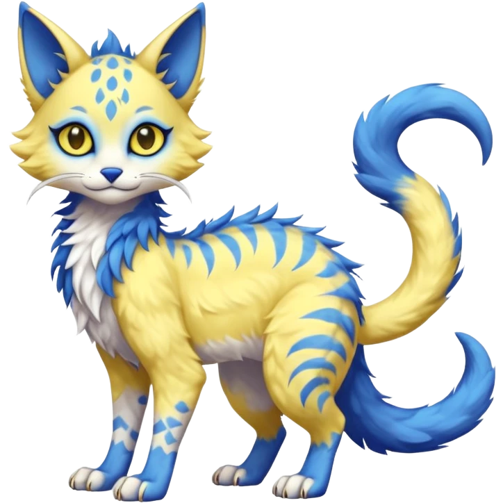 Kawaii yellow and blue beautiful pretty elegant divine edgy fantasy feline-vernid-sergal-fursona animal creature with a tufted tail full body with intricate markings  emoji