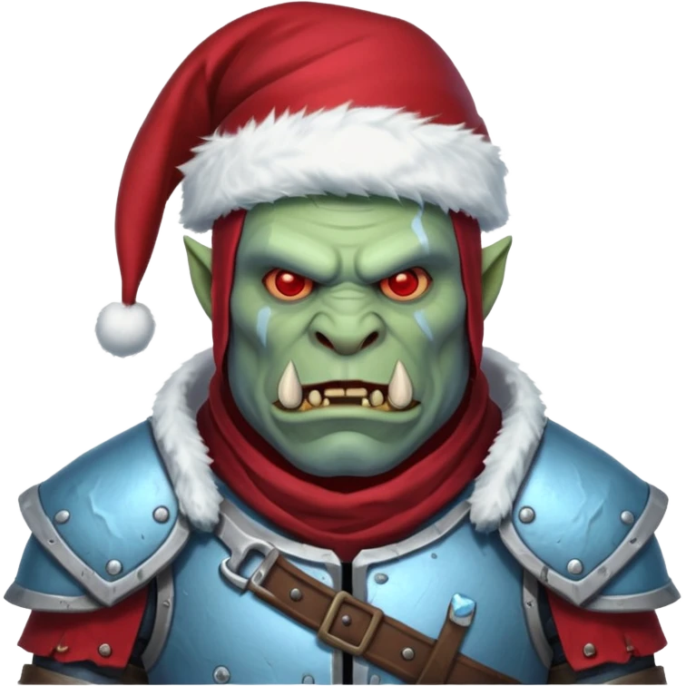 
Fantasy Christmas orc legion soldier icon, iron tundra army theme, heavy winter armor, disciplined brutal look, icy blue steel armor with deep crimson accents, frozen metal texture, cold winter atmosphere, male variant emoji