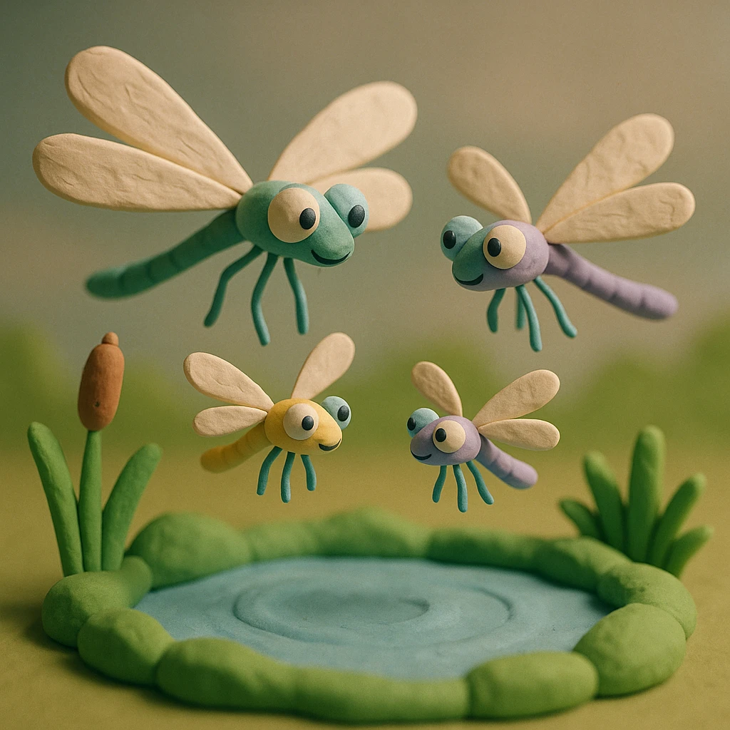 claymation style dragonfly family, two large and two small dragonflies hovering together above a pond, soft pastel colors, playful and gentle scene emoji