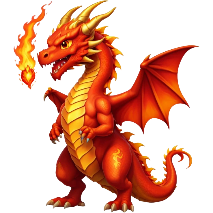 cinematic-noble-fierce-fire-dragon-full body-emoji,-poised-and-imposing,-with-a-muscular,-scaled-body-ablaze-in-fiery-hues-of-crimson,-molten-orange,-and-molten-gold,-and-intense,-burning-eyes-that-mirror-the-heart-of-a-volcano;-rendered in detail emoji