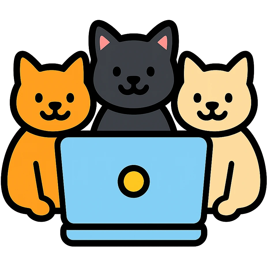three cats sitting at a computer, color icon style emoji