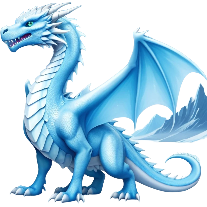 Cinematic Noble wise elegant Ice Dragon full body  Emoji, Poised and imposing, distinct long elegant snout, with a slender, scaled body shimmering in glacial hues of icy blue, frostbitten silver, and crystalline white, breathing out frost, with piercing, glowing ice blue white eyes that radiate the chilling depths of an arctic storm; rendered in detail. excuding wisdom emoji