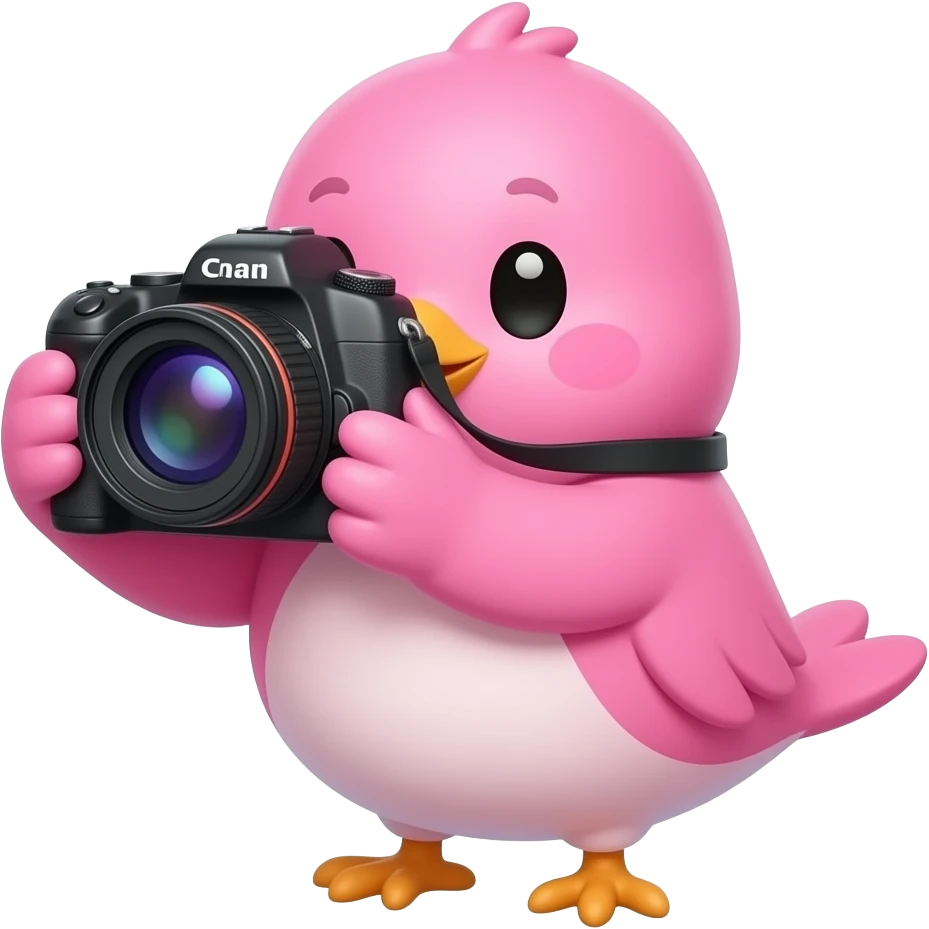 lovable small pink bird in a kawaii style taking a photo with a camera. the image must be a transparent .png emoji