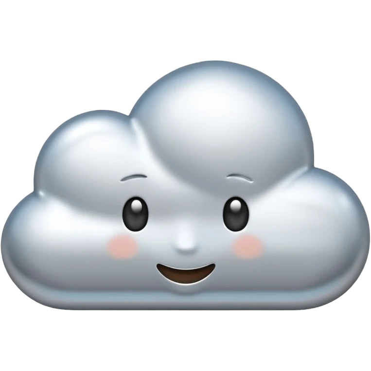 A cute cloud emoji made of silver chrome, smooth rounded shape, glossy metallic surface, soft reflections, minimal and friendly design, iOS emoji style, centered, clean white background, soft lighting emoji