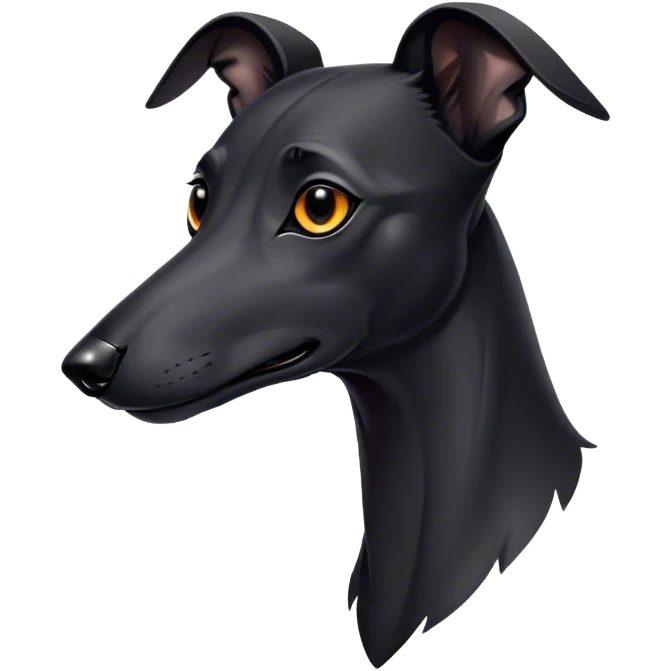 Cinematic Noble Black Greyhound Portrait Emoji, Poised and regal, with a lean, graceful build and a sleek, jet-black Fur, deep-set soulful dark eyes, Simplified yet sharp and sophisticated features, highly detailed, glowing with a soft, dignified glow, high shine, intelligent and swift, stylized with an air of elegance, focused and attentive, soft glowing outline, capturing the essence of a watchful and commanding racer, so majestic it feels as though it could sprint out of the screen with effortless authority! emoji