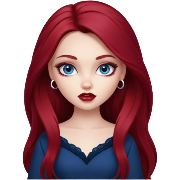 pale skin, girly bratz baddie, beautiful dark blue eyes, pretty makeup, long dark red hair emoji