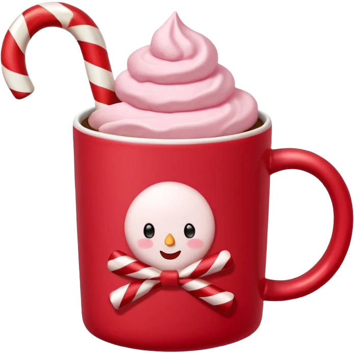 hot chocolete with pastel pink marshmallows in red christmas mug and candy cane, trendy aesthetic emoji