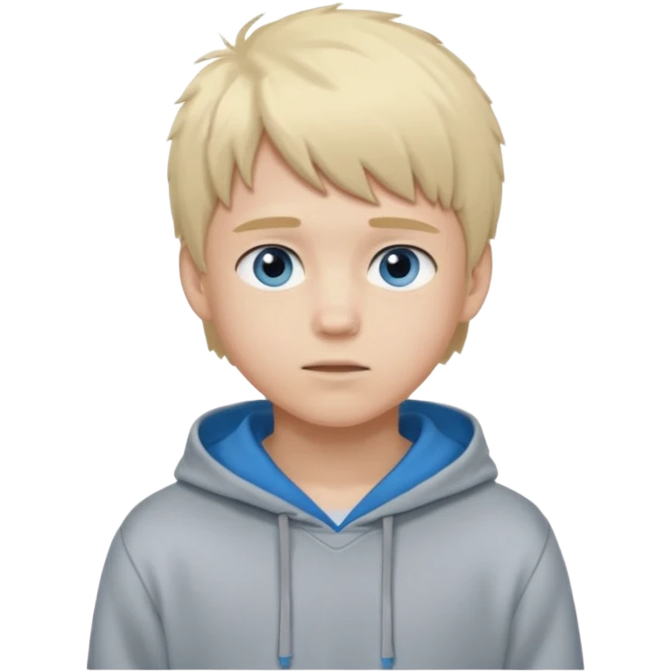 Teen boy with blue eyes and Grey hoodie standing up with blond short hair and fluffy bangs emoji
