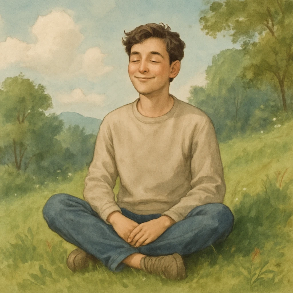A relaxed person sitting cross-legged on a grassy hill, eyes closed, peaceful smile, surrounded by nature, soft realistic illustration style emoji