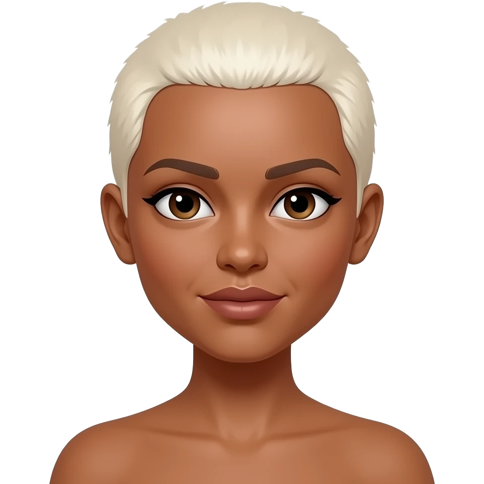 A woman the scalp hair cut shorter much shorter. Very very short almost bald still to long.a platinum blonde color and a copper color skin tone no blonde eyebrows , pjease a lighter skin tone emoji