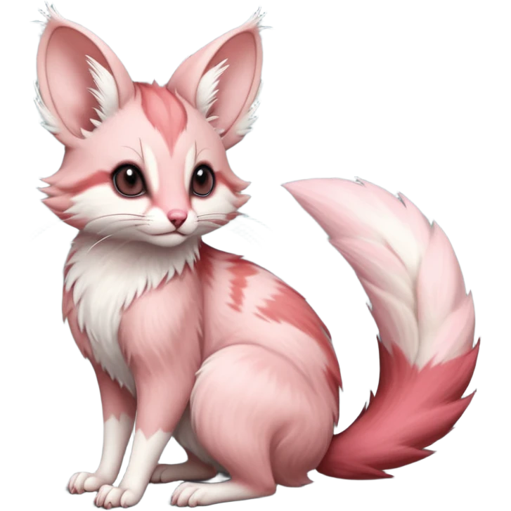 Pastel Pink, red-pointed, soft realistic romantic vintage antique divine beautiful elegant pretty precious cute young youthful  Fakémon-Pokémon-opossum-feline-mouse-serval-caracal-chinchilla-Minccino-Cinccino-Meowstic-rodent-hybrid-creature with a big fluffy bushy tail (full body) emoji
