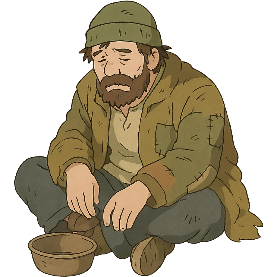 homeless person, cartoon style, soft colors, Ghibli style, no background emoji