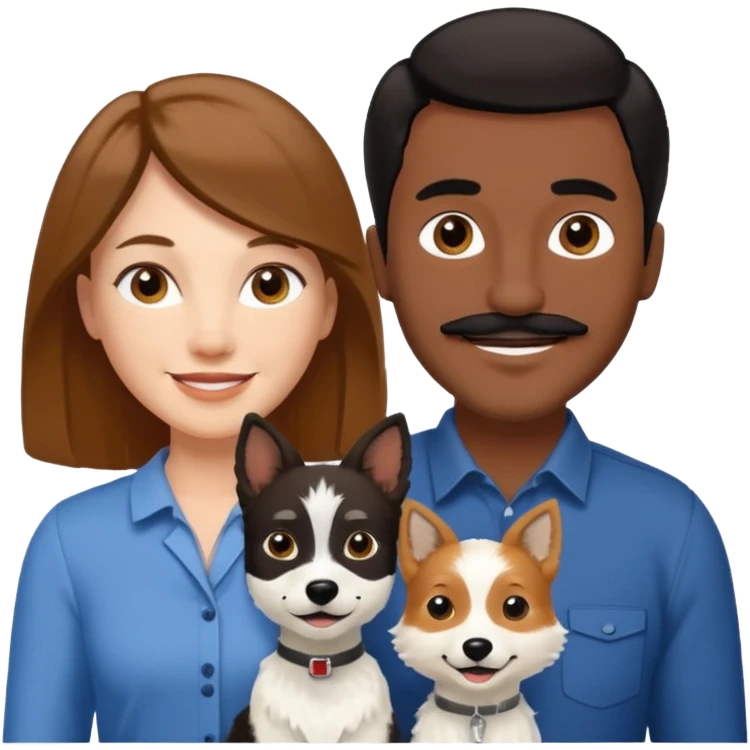 Quiero a una mujer blanca  con el pelo por el hombro lacio castaño  con un hombre de color morochito con el pelo negro y bigote, ambos felices  y un solo perro blanco Fox terrier  emoji