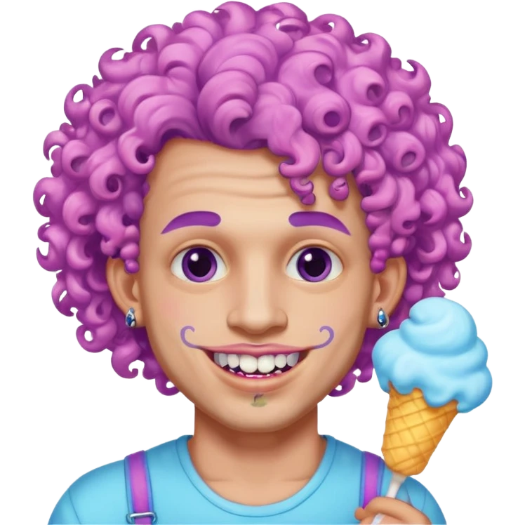 very cheerful colorful puffy violet curly haired man made out of cotton candy wearing teeth-braces and tattoos and face tattoos just face  emoji