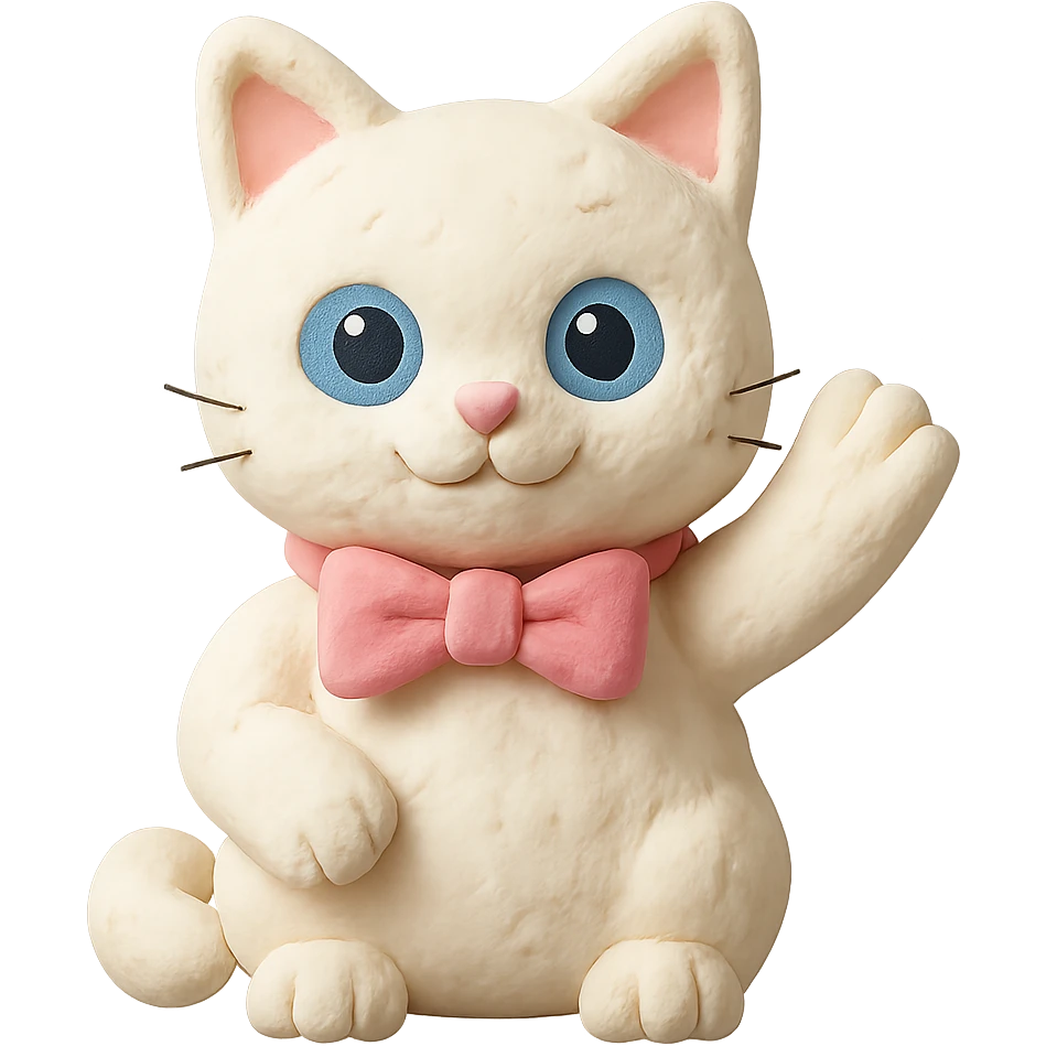 white cat with blue eyes very cute with a pink bow on his neck waving hello, claymation style emoji