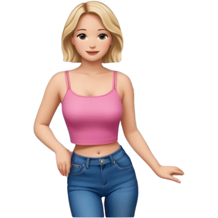 jennifer lawrence, pink crop top, and blue jeans, leaning on a balcony with a harbor and cityscape in the background, smiling emoji